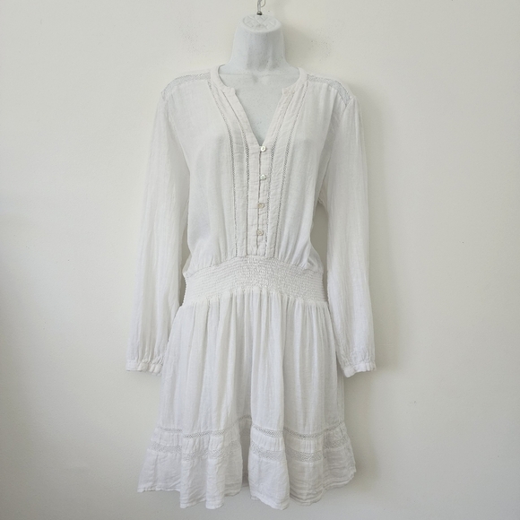 Rails Jasmine Smocked Waist Long Sleeve Linen Blend White Dress Size Large - Picture 3 of 16
